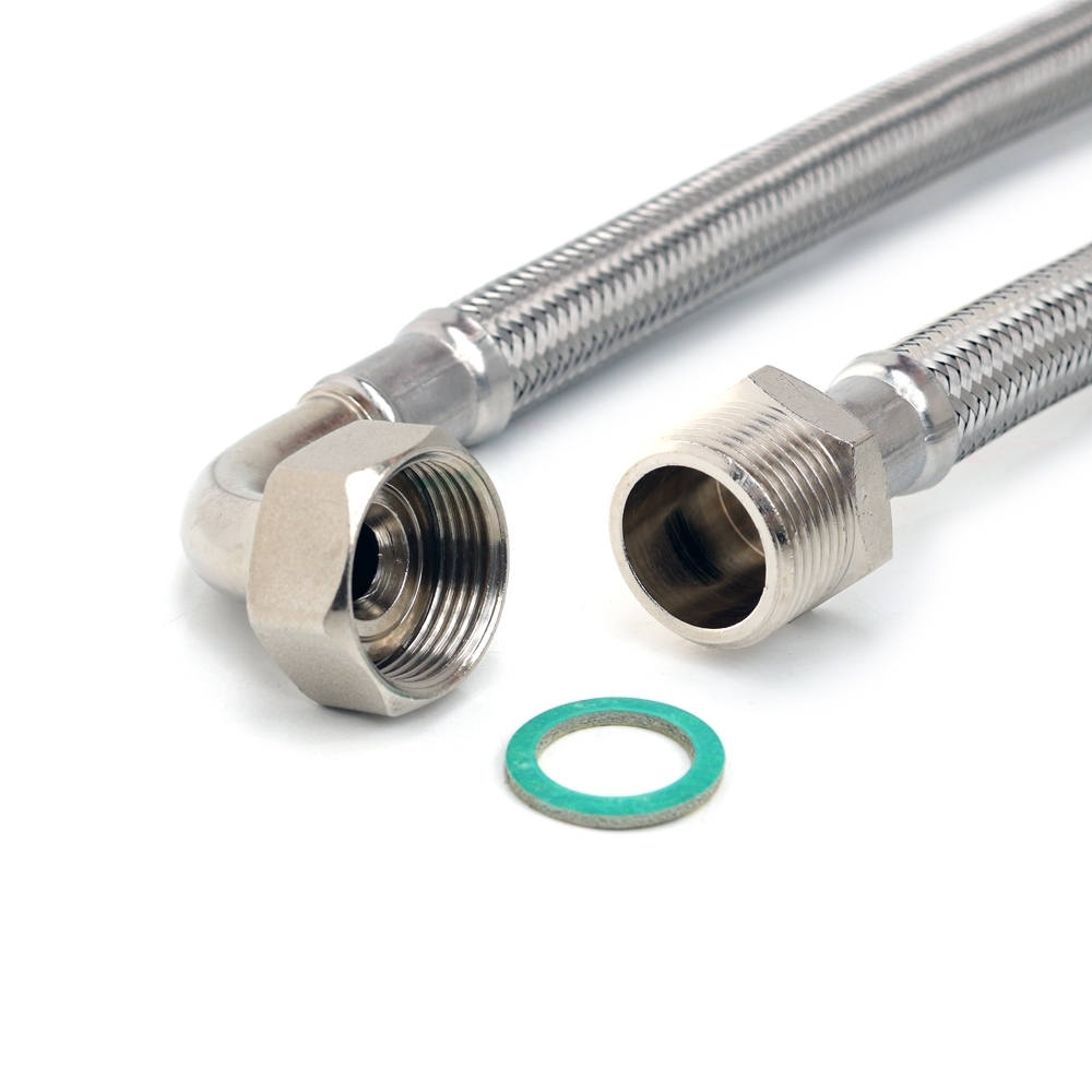 Panzerschlauch 3/4"AG x 3/4"ÜM mit Bogen, für Trinkwasser DN13, -20 - 90°C