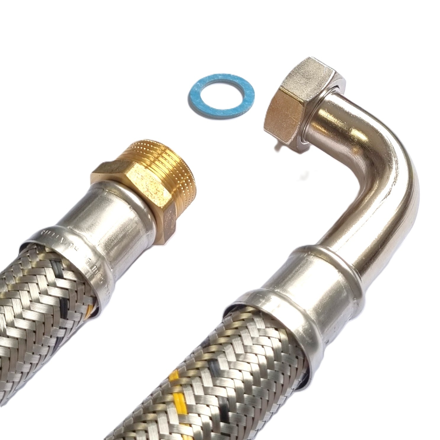 Saug-/Druckschlauch DN25, Geflecht VA, Seele HDPE, 1"AG x 1"ÜM Bogen, -15 bis 80°C, PN10,