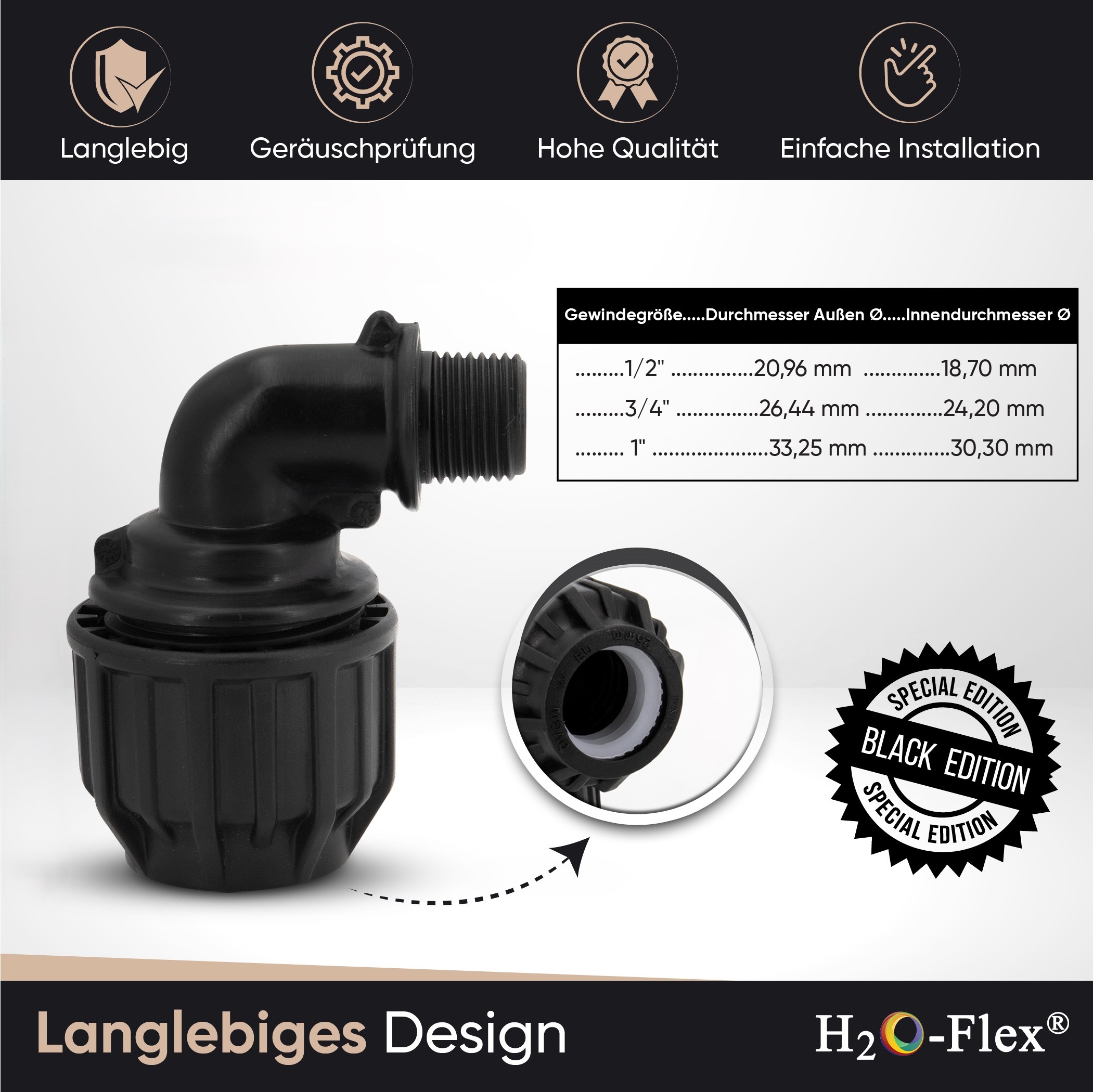 PP Klemmfitting Bogen / 90° Winkel mit Außengewinde für PE Rohr