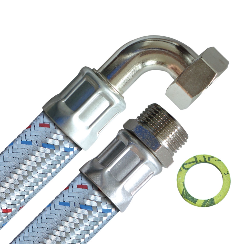 Panzerschlauch DN25, Geflecht verzinkt, PN10, EPDM Inliner, 1"AG x 1"ÜM Bogen, -20 bis 90°C,
