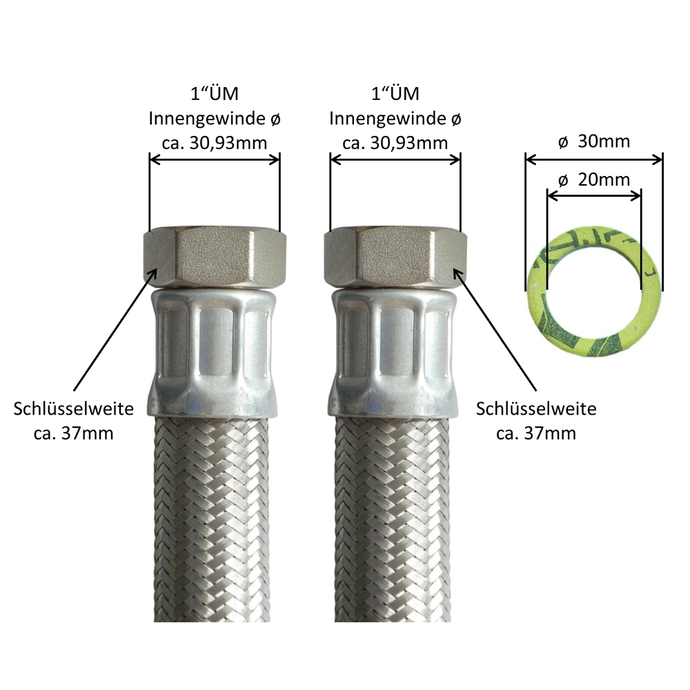 Flexschlauch 1"ÜM x 1"ÜM, DN25, Inliner EPDM, Geflecht VA, PN10, -20 bis 90°C, 1,5m – Bild 2