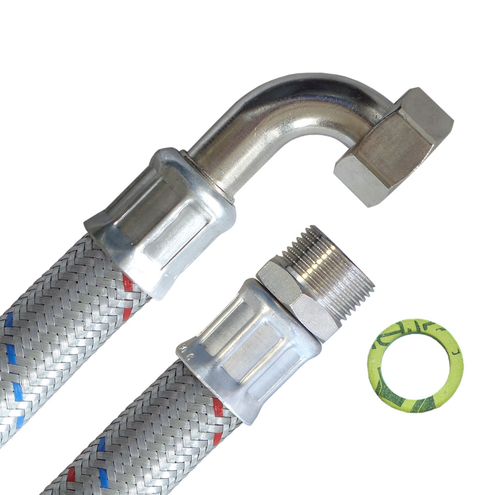 Panzerschlauch 3/4"AG x 3/4"ÜM Bogen, Flexschlauch DN19 für Heizung