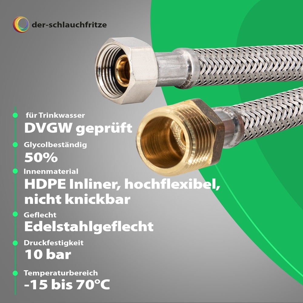 Flexschlauch 3/8"ÜM x 1/2"AG für Trinkwasser, DN08, Inliner HDPE, PN10, -15 bis 70°C, 30cm – Bild 2