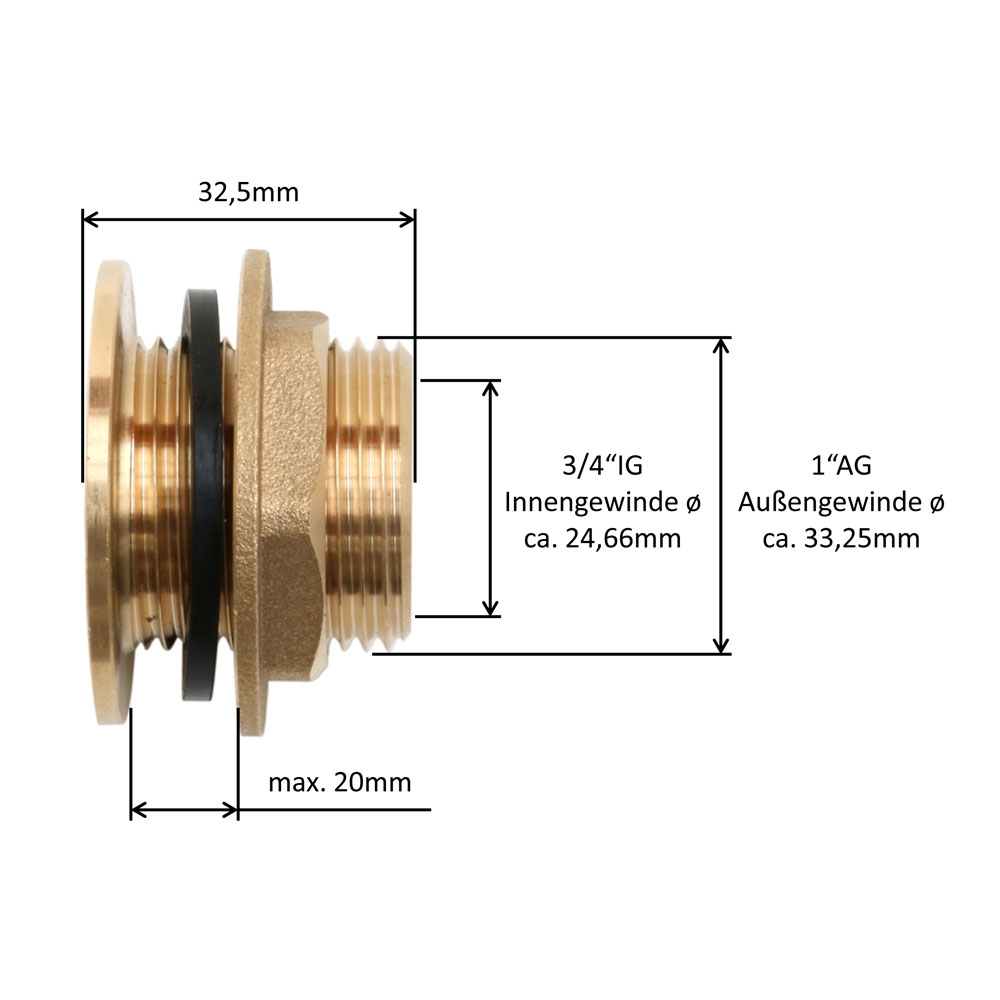 Messing-Regentonnen-Durchführung inkl. Mutter und Dichtung 3/4"IG x 1 "AG – Bild 4