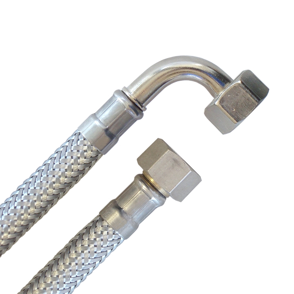 Panzerschlauch DN8 mit DVGW Zulassung, 3/8"ÜM x 3/8"Bogen, Umflechtung VA, -20 bis 85°C, PN10, 100mm