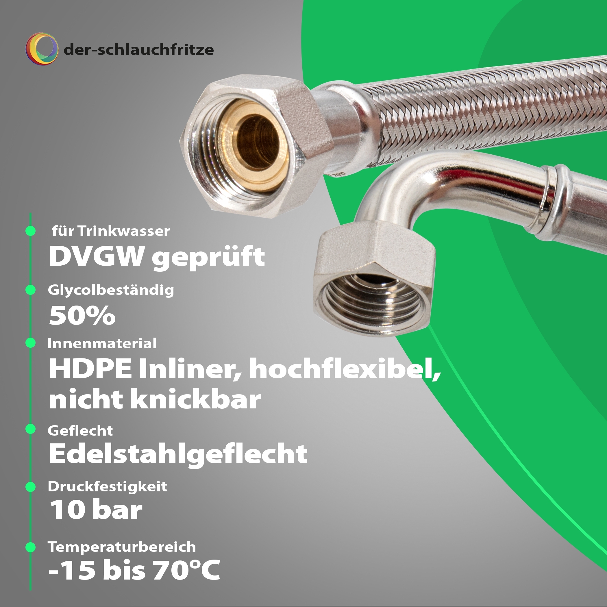 Flexschlauch 1/2"ÜM x 1/2"Bogen für Trinkwasser, DN13, Inliner HDPE, PN10, -15 bis 70°C, 5m – Bild 2