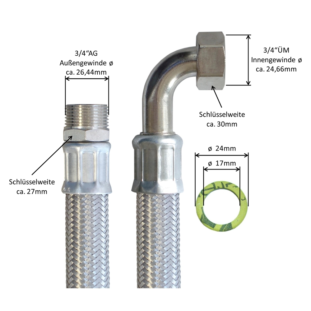 Panzerschlauch 3/4"AG x 3/4"ÜM Bogen, Flexschlauch DN19 mit Edelstahlumflechtung – Bild 3