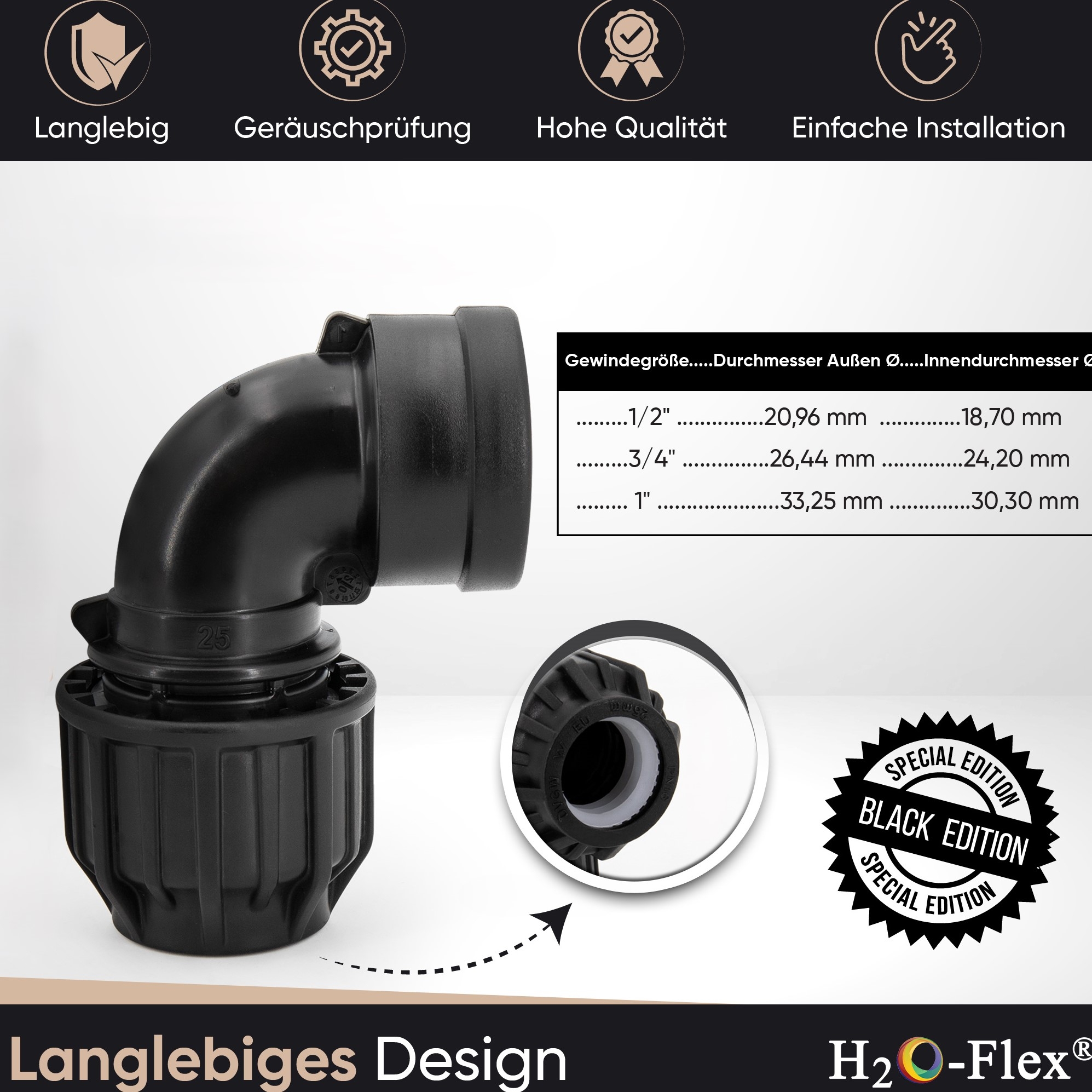 PP Klemmfitting Bogen / 90° Winkel mit Innengewinde für PE Rohr