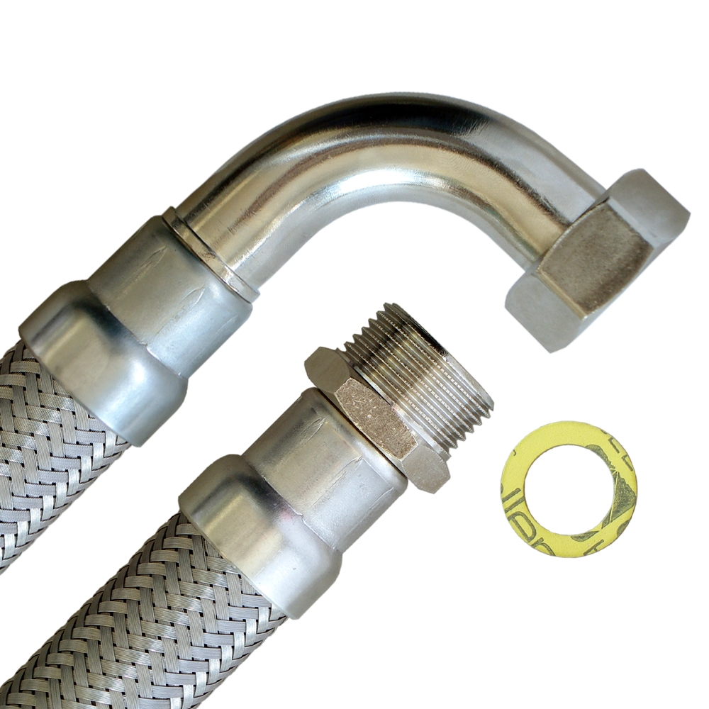 Panzerschlauch DN25 für Trinkwasser, Seele HDPE, DVGW, -15 - 75°C, PN10, 1"AG x 1"ÜM Bogen