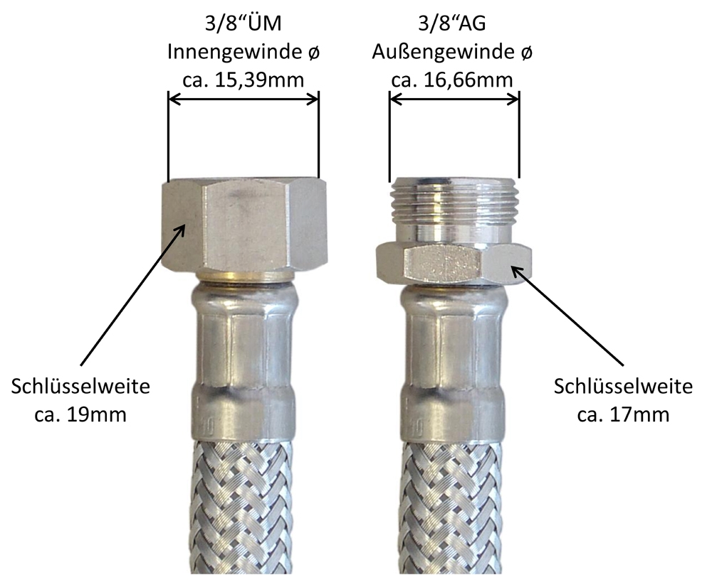 Panzerschlauch DN08, 3/8"ÜM x 3/8"AG, Seele HD-PE, DVGW, KTW A, W270, PN10, -15 bis 70°C, 1000mm – Bild 3