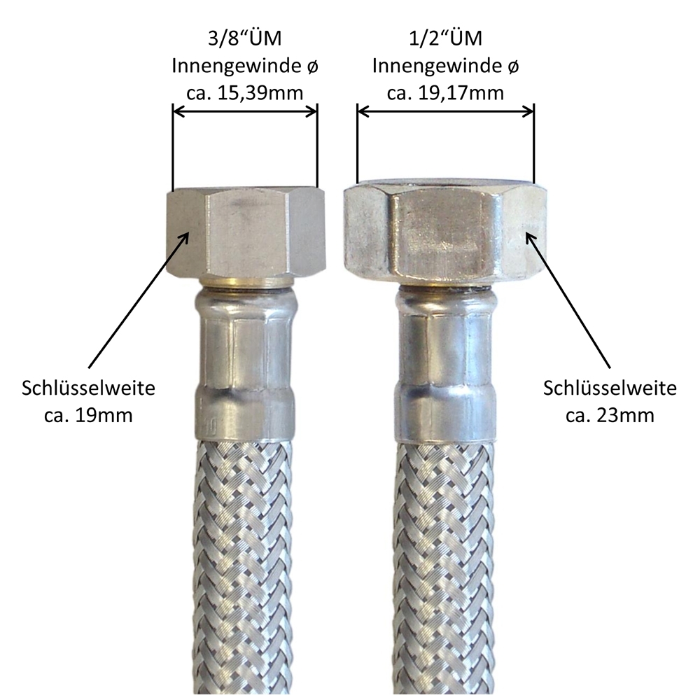 Panzerschlauch für Trinkwasser,  Seele PE, DVGW (W543), KTW A, W270, 3/8" ÜM x 1/2"ÜM, 150mm – Bild 3