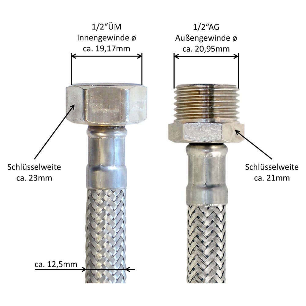 Flexschlauch 1/2"ÜM x 1/2"AG, Panzerschlauch DN8 für Sanitär mit Trinkwasserzulassung – Bild 3