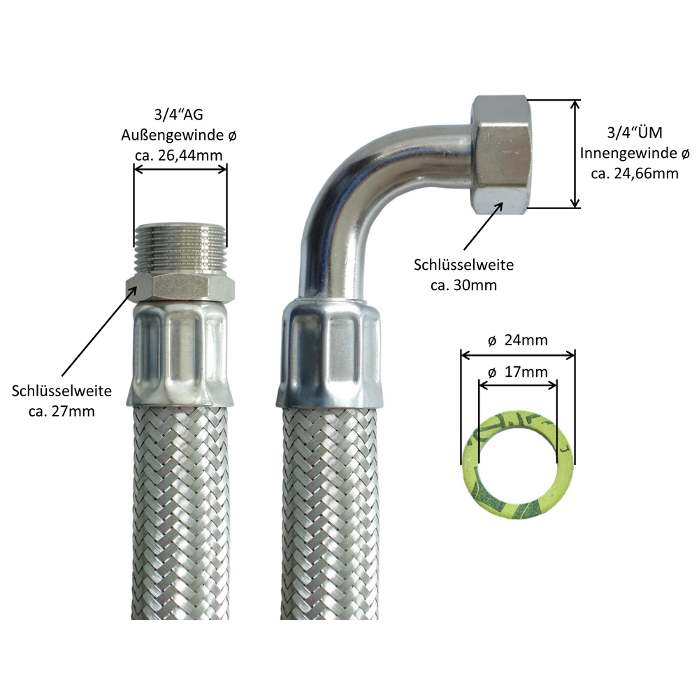 Panzerschlauch 3/4"AG x 3/4"ÜM mit Bogen und Trinkwasserzulassung, Flexschlauch für z.B. Pumpen – Bild 2