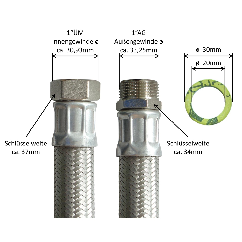 Panzerschlauch DN25, Umflechtung VA, Aluhülse, Seele EPDM, 1"ÜM x 1"AG, PN10, -20 bis 90°C, 1700mm – Bild 3