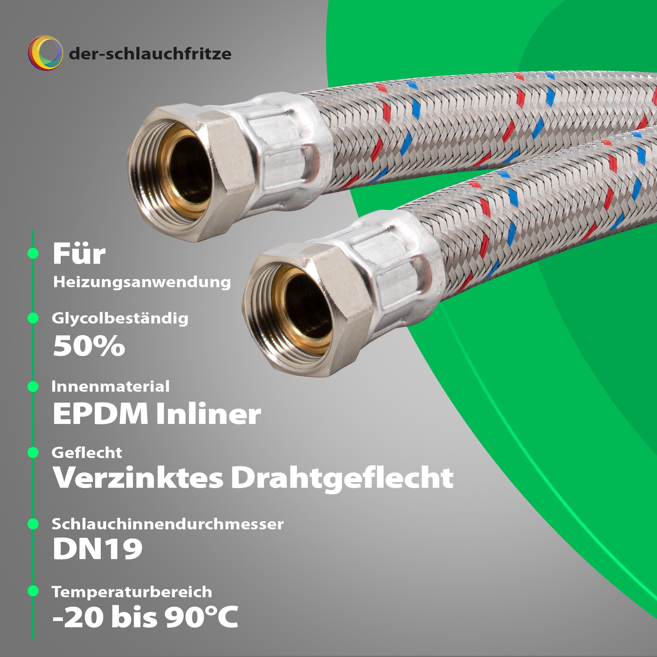 Flexschlauch 3/4"ÜM x 3/4"ÜM, DN19, Inliner EPDM, Geflecht verzinkt, PN10, -20 bis 90°C, 30cm – Bild 3