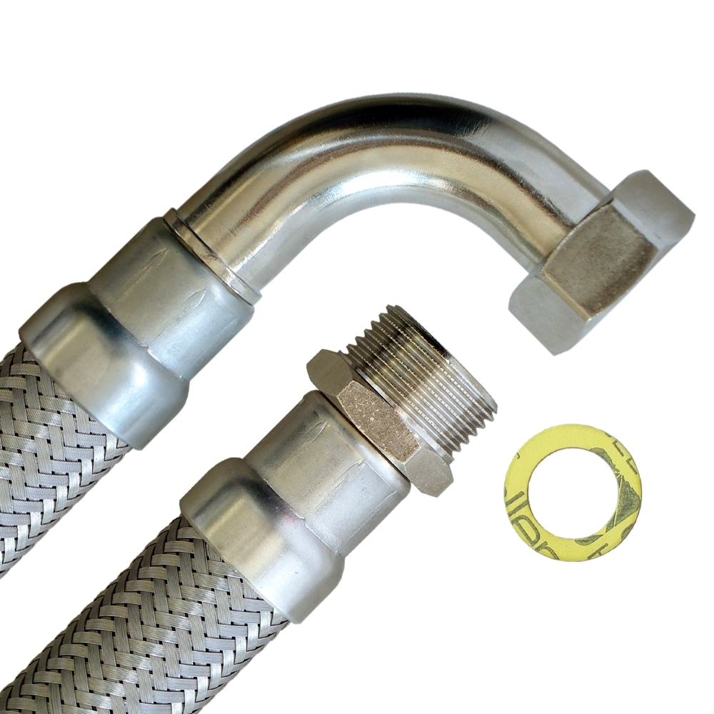Panzerschlauch DN25 für Trinkwasser, Seele HDPE, DVGW, -15 - 75°C, PN10, 1"AG x 1"ÜM Bogen, 300mm – Bild 1