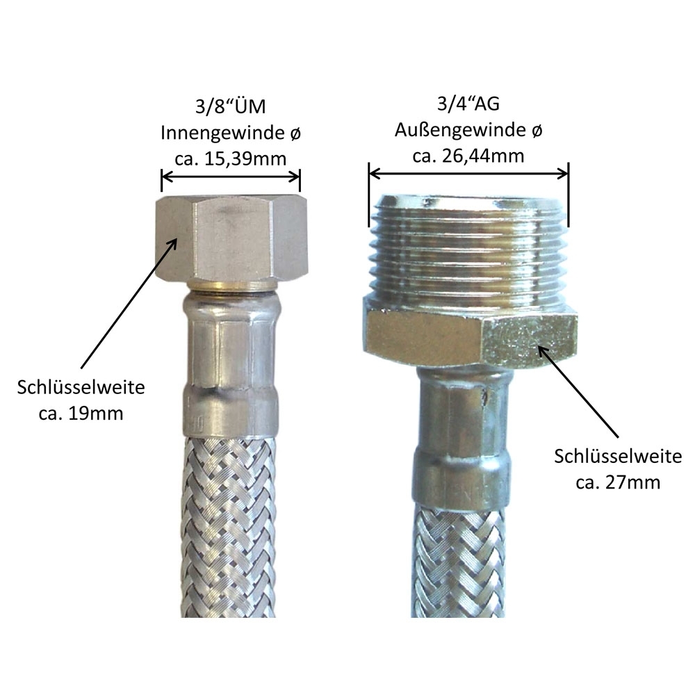 Flexschlauch 3/8"ÜM x 3/4"AG für Trinkwasser, DN08, Inliner HDPE, PN10, -15 bis 70°C, 20cm – Bild 2