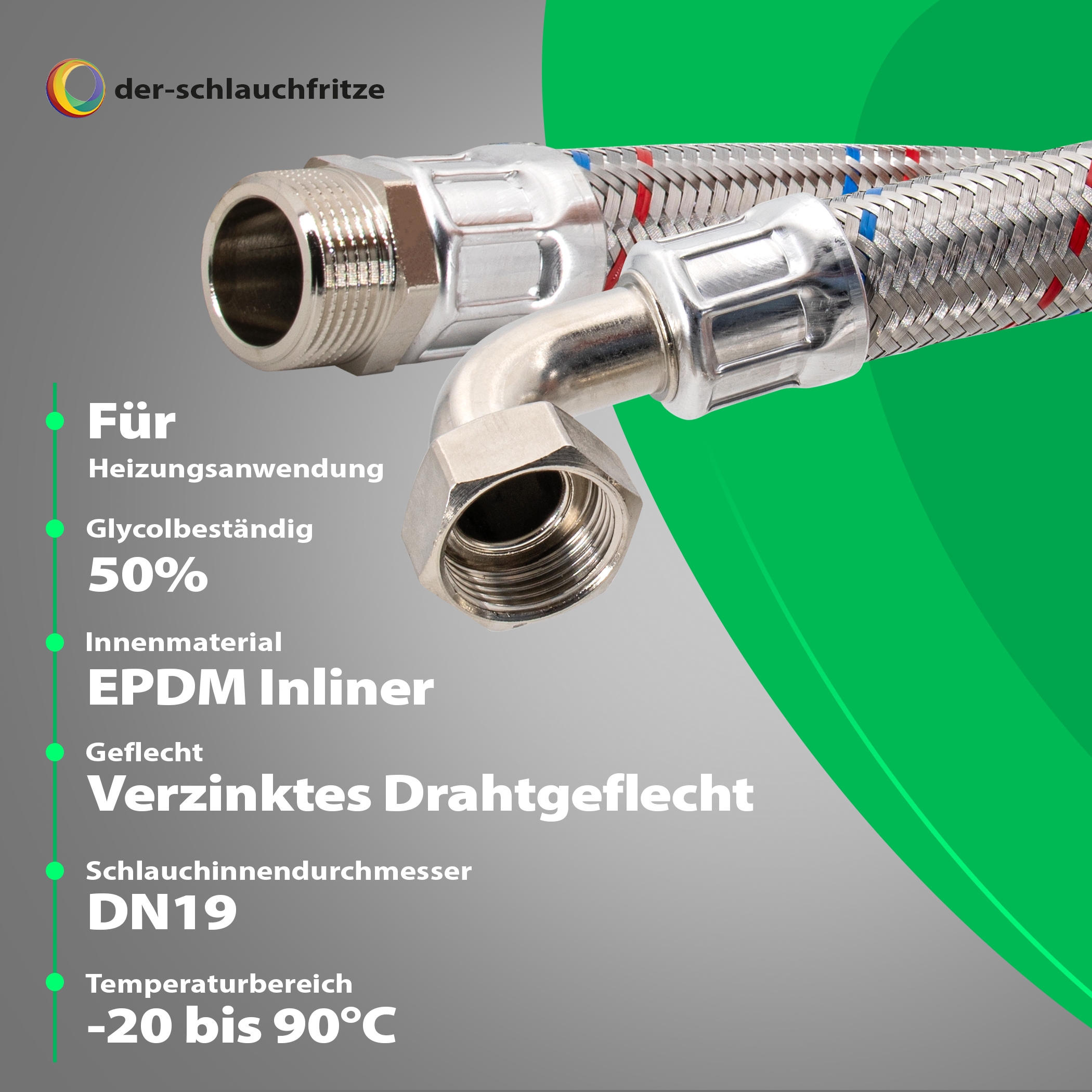 Flexschlauch 3/4"AG x 3/4"ÜM Bogen, DN19, Inliner EPDM, Geflecht verzinkt, PN10, -20 bis 90°C, 50cm – Bild 3