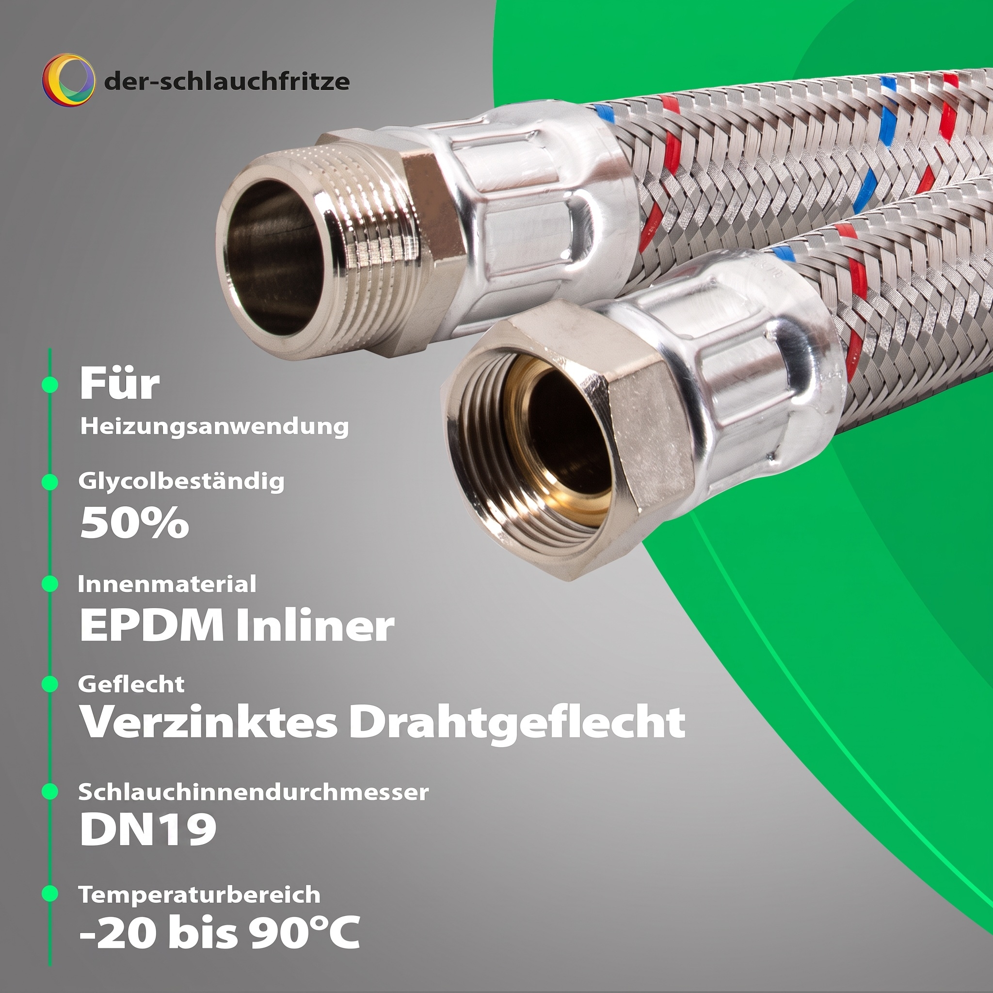 Flexschlauch 3/4"ÜM x 3/4"AG, DN19, Inliner EPDM, Geflecht verzinkt, PN10, -20 bis 90°C, 30cm – Bild 3