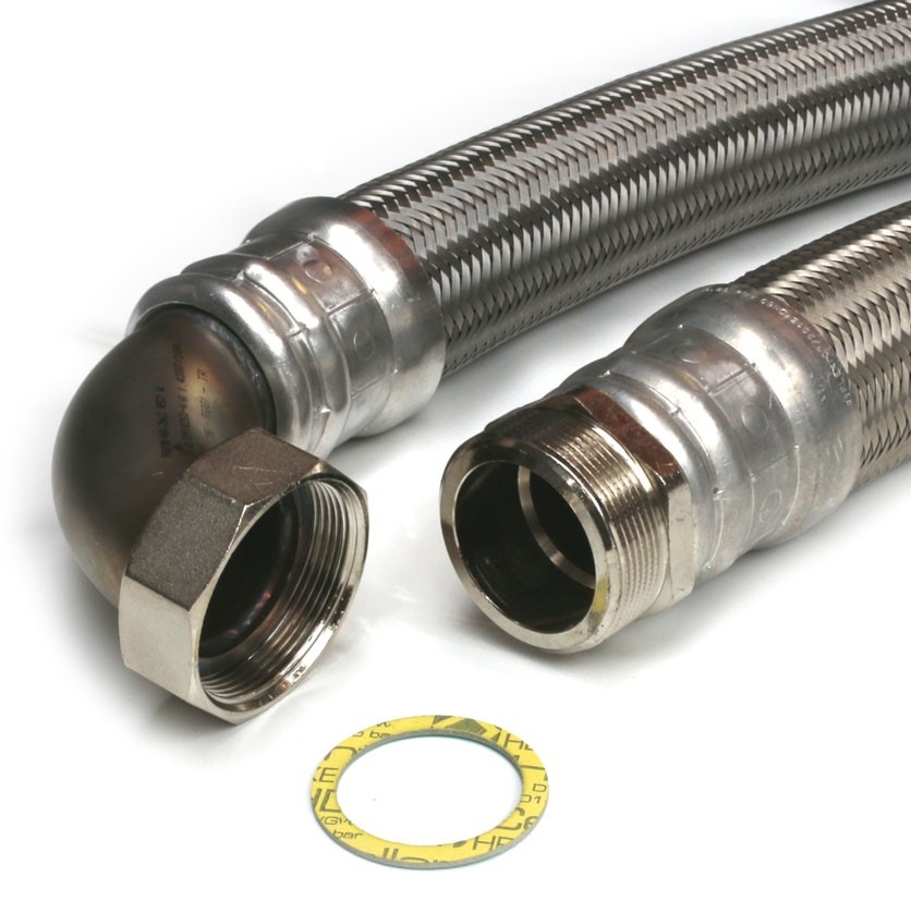 Panzerschlauch DN50, VA Geflecht, Aluhülse, PN4, Seele EPDM, 2"AG x 2"ÜM Bogen, - 20 bis 90°C, 300mm – Bild 1