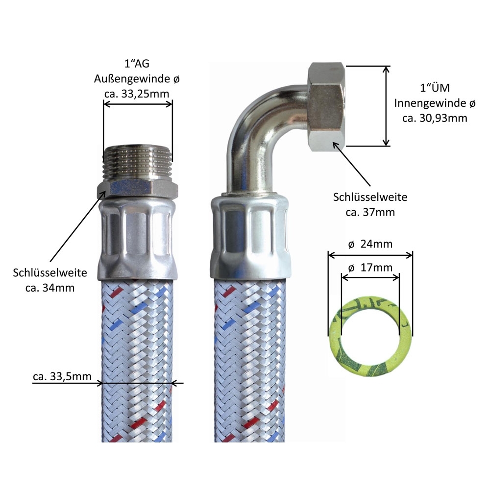 Panzerschlauch DN25, Geflecht verzinkt, PN10, EPDM Inliner, 1"AG x 1"ÜM Bogen, -20 bis 90°C, 300mm – Bild 3