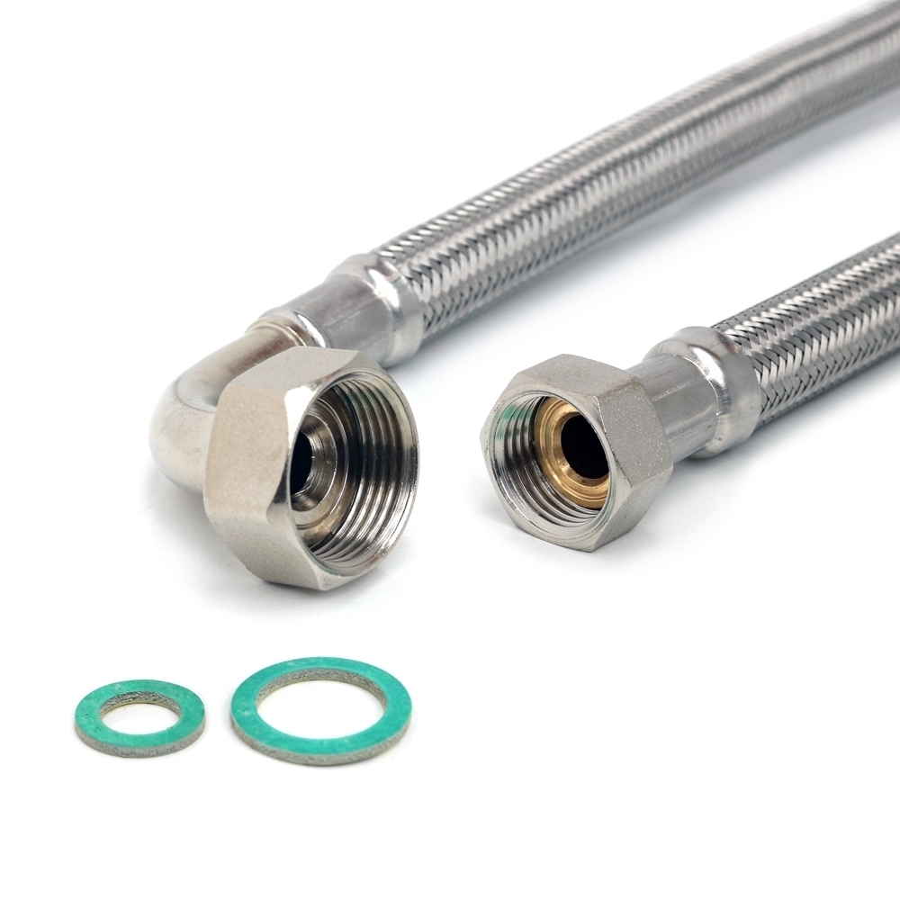 Panzerschlauch DN13 für Trinkwasser 1/2"ÜM x 3/4"ÜM mit Bogen, PN10, DVGW, -15 - 70°C, 3000mm – Bild 1