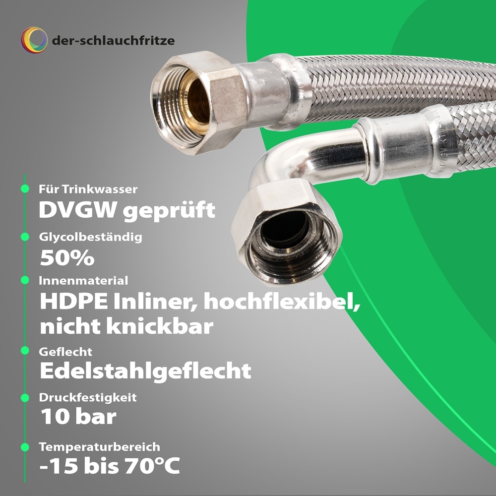 Flexschlauch 3/4"ÜM x 3/4"ÜM Bogen für Trinkwasser, DN19, Inliner HDPE, PN10, -15 bis 70°C, 1,2m – Bild 2