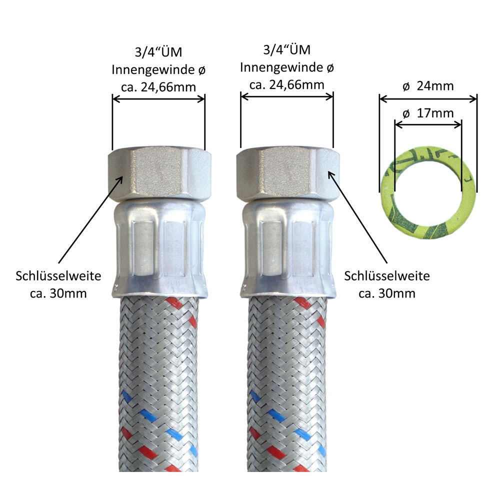 Flexschlauch 3/4"ÜM x 3/4"ÜM, DN19, Inliner EPDM, Geflecht verzinkt, PN10, -20 bis 90°C, 1,5m – Bild 3