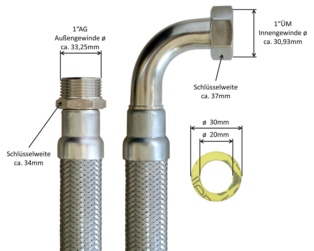 Panzerschlauch DN25 für Trinkwasser, Seele HDPE, DVGW, -15 - 75°C, PN10, 1"AG x 1"ÜM Bogen, 300mm – Bild 3
