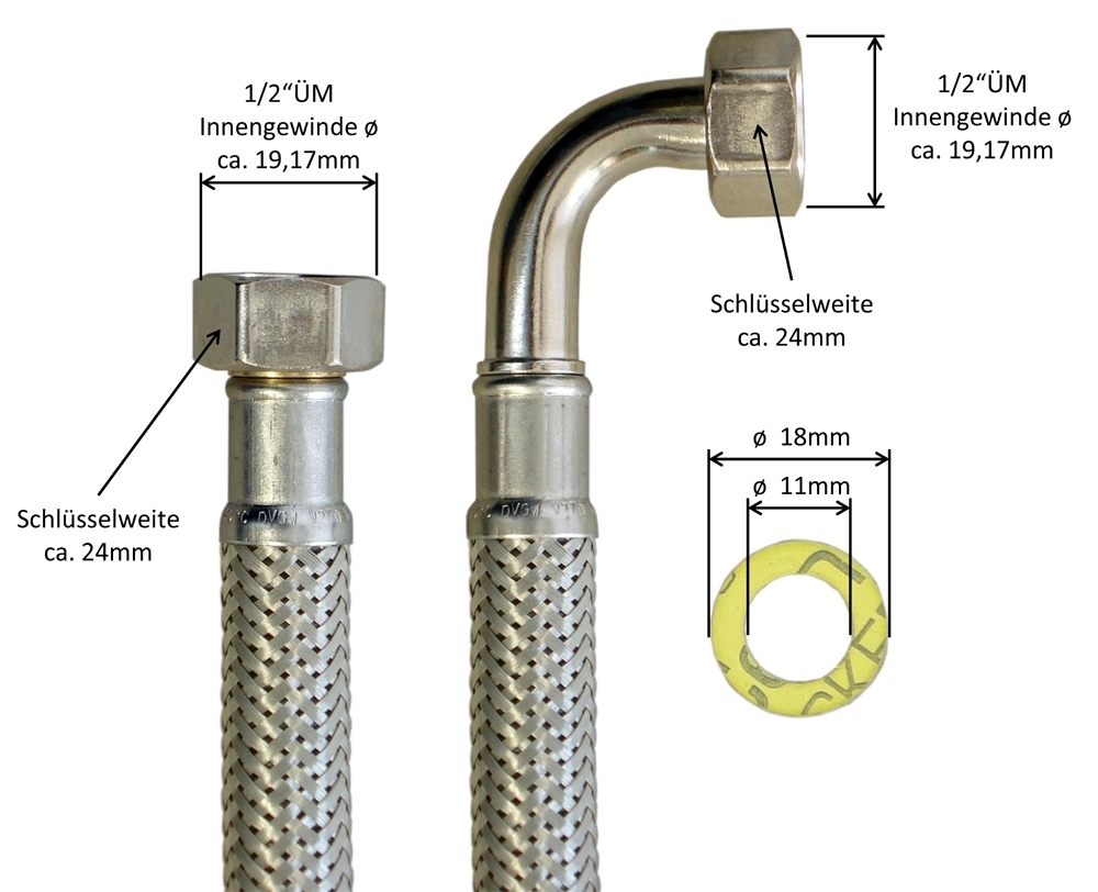 Panzerschlauch DN13 für Trinkwasser, 1/2"ÜM x 1/2"ÜM 90°Bogen, PN10, -15 - 70°C, DVGW, 900mm – Bild 3