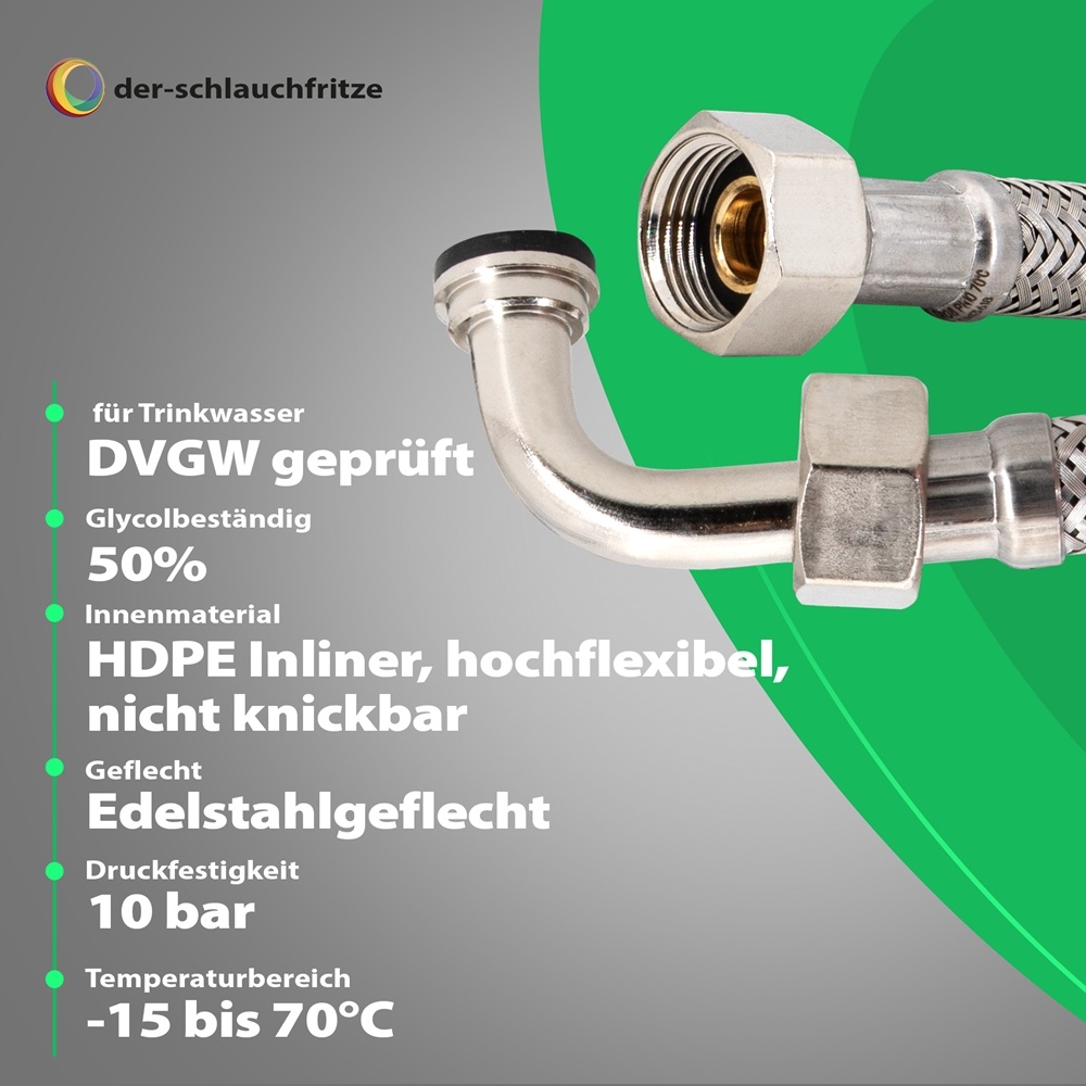 Flexschlauch 3/8"ÜM x 3/8"ÜM Bogen für Trinkwasser, DN08, Inliner HDPE, PN10, -15 bis 70°C, 30cm – Bild 2
