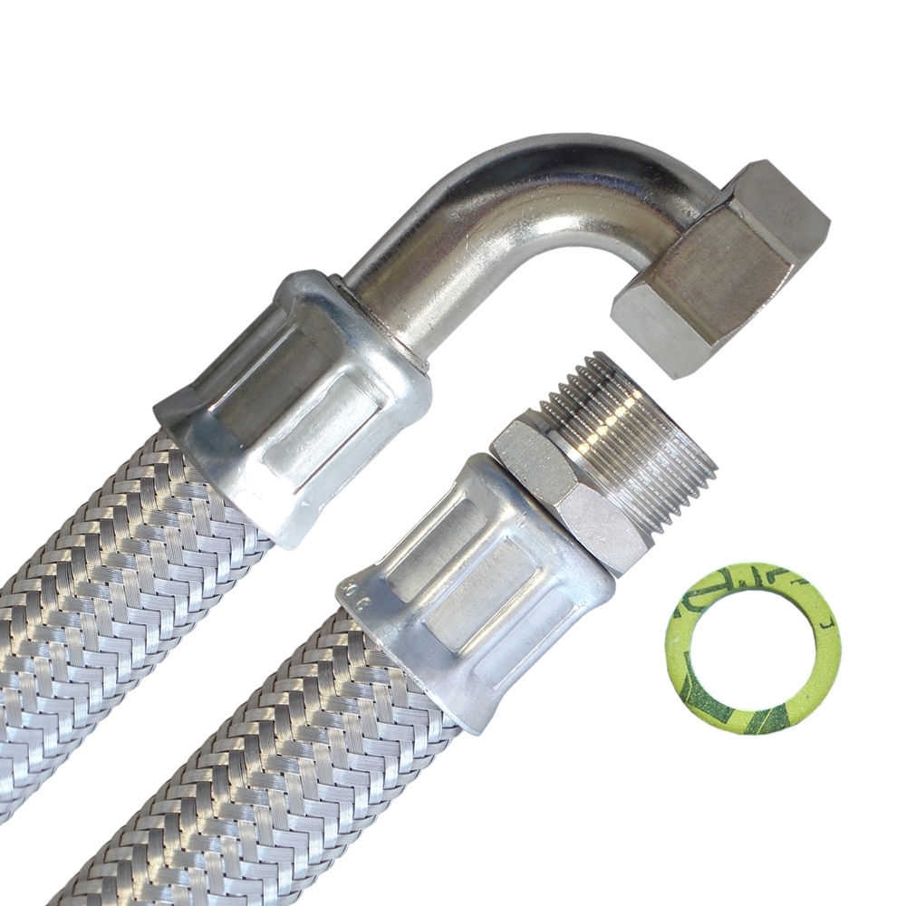 Panzerschlauch DN19, Geflecht VA, PN10,  -20 - 90°C, Seele EPDM, 3/4"AG x 3/4"ÜM Bogen, 270mm – Bild 1