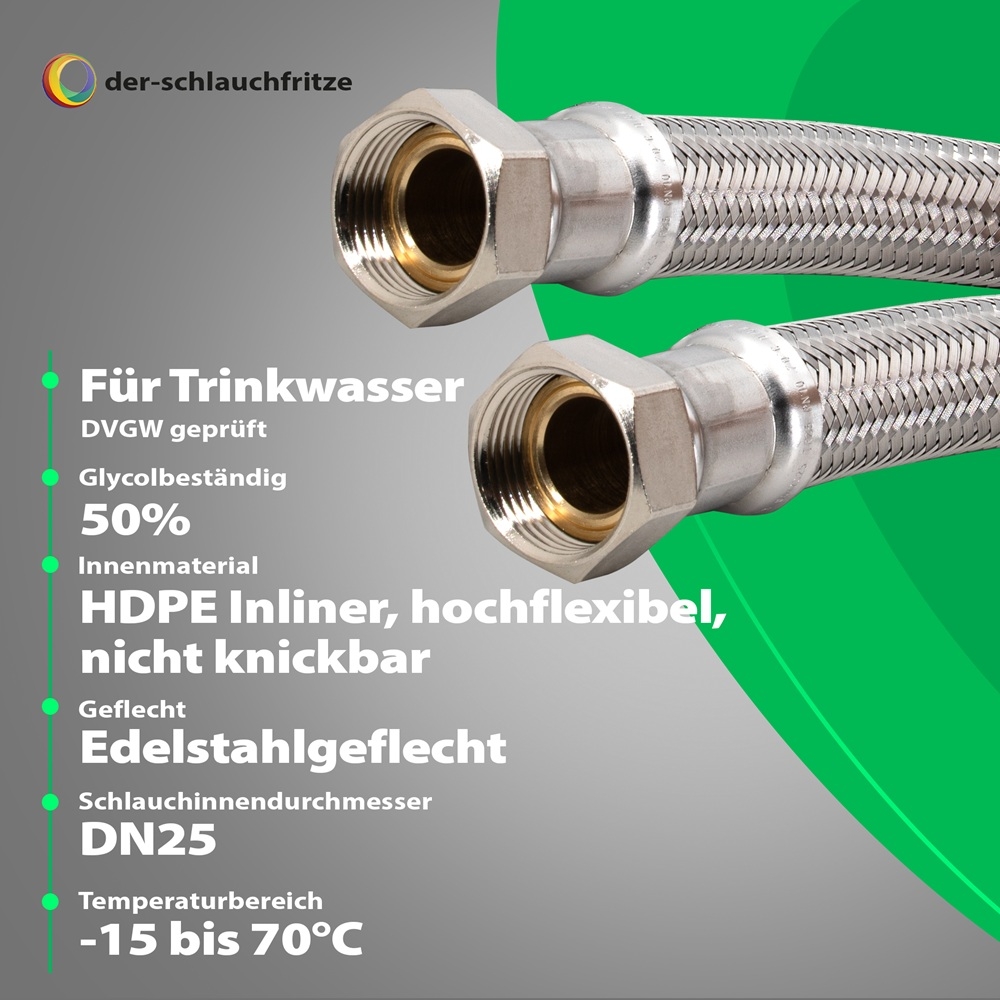 Flexschlauch 1"ÜM x 1"ÜM für Trinkwasser, DN25, Inliner HDPE, PN10, -15 bis 70°C – Bild 2