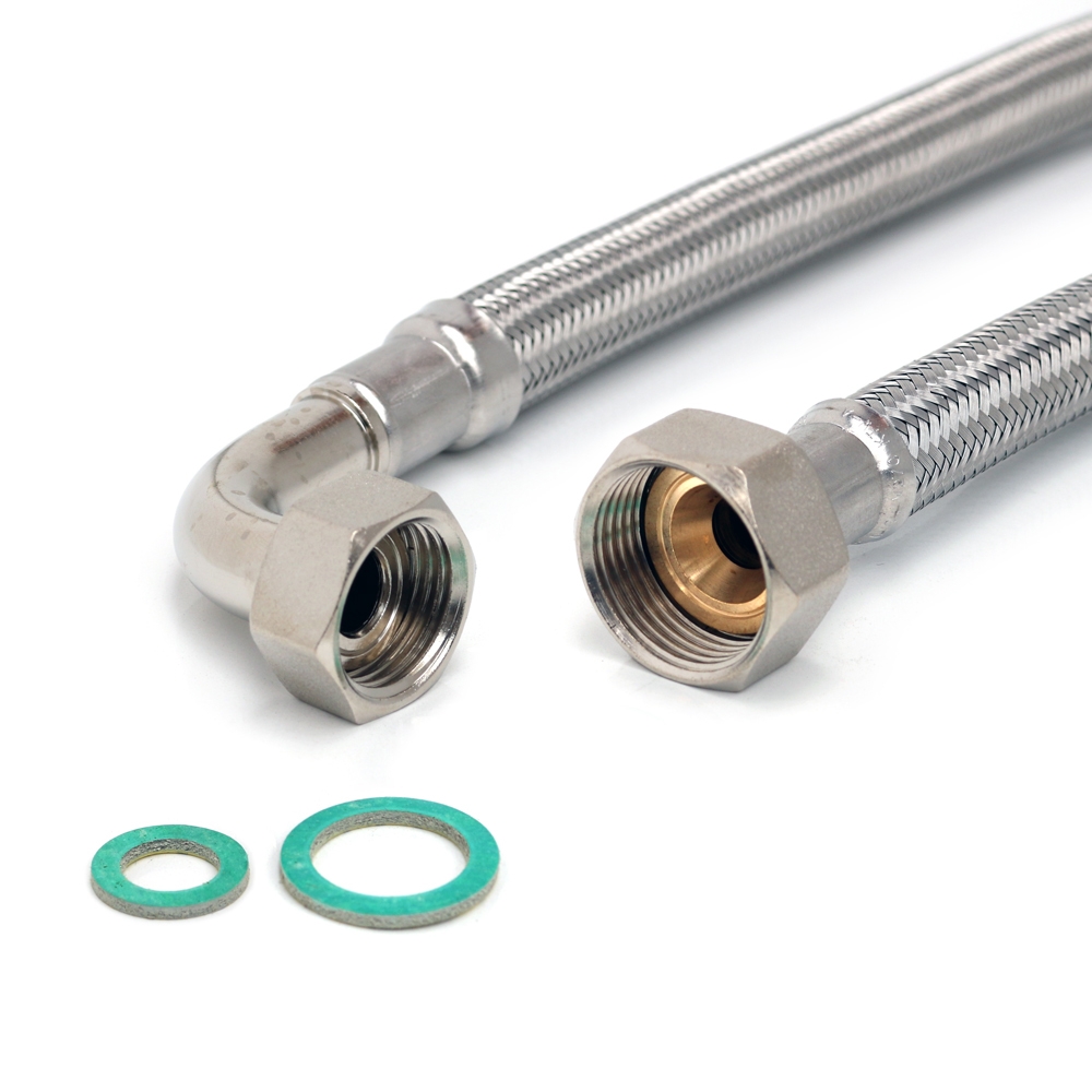 Panzerschlauch DN13 für Trinkwasser, 3/4"ÜM x 1/2"ÜM 90°Bogen, PN10, -20 - 70°C, DVGW, 2.500mm – Bild 1