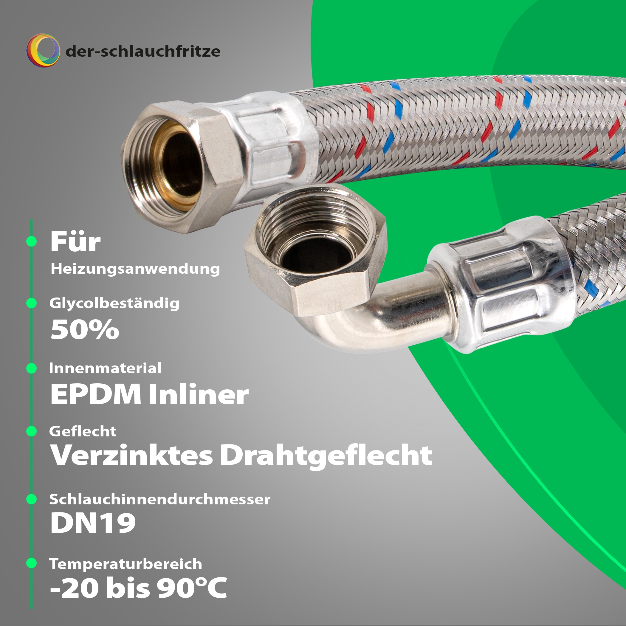 Flexschlauch 3/4"ÜM x 3/4"ÜM Bogen, DN19, Inliner EPDM, Geflecht verzinkt, PN10, -20 bis 90°C, 3,0m – Bild 4