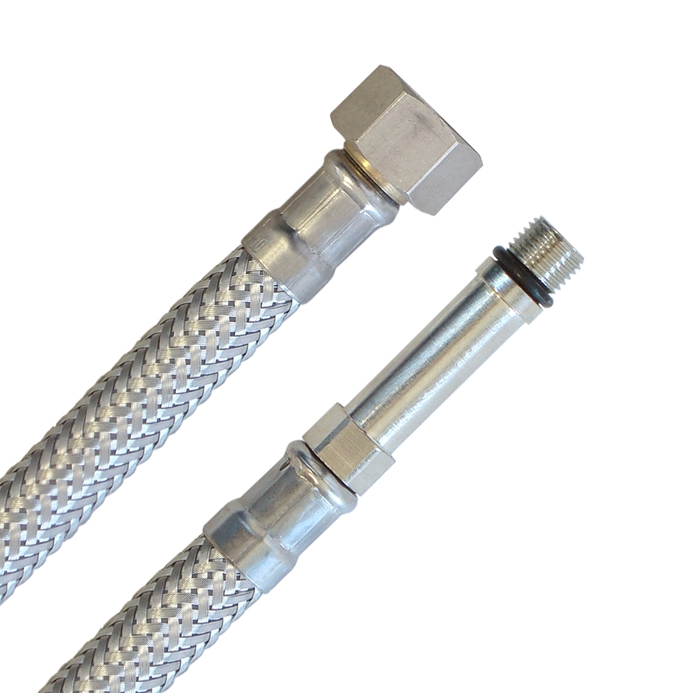 Panzerschlauch DN08, Geflecht VA, DVGW (W543), 3/8"ÜM x M10 x 1 lang, PN10, -15 bis 70°C,