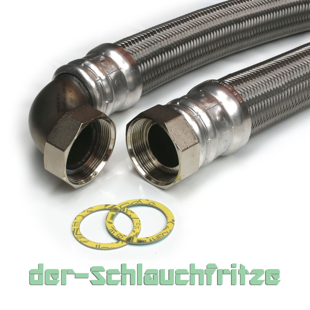 Panzerschlauch DN50, VA Geflecht, Aluhülse, PN4, Seele EPDM, 2"ÜM x 2"ÜM Bogen, - 20 bis 90°C
