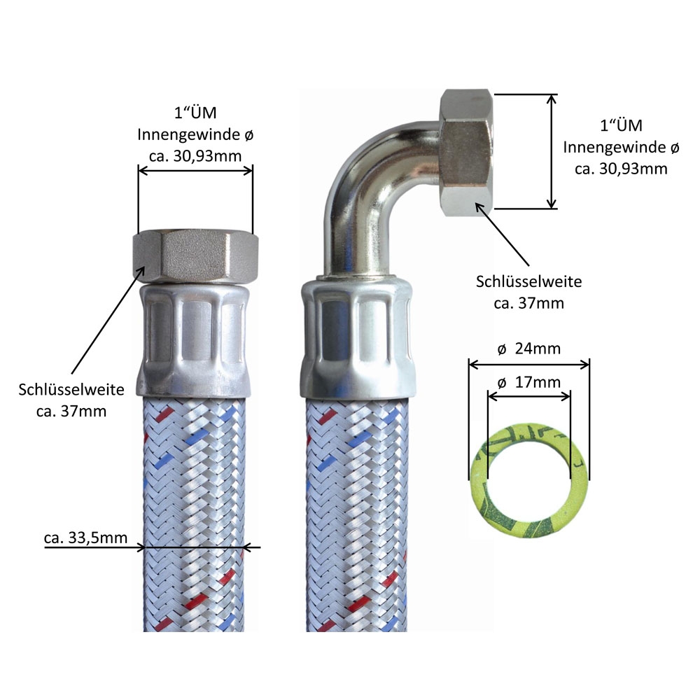 Panzerschlauch DN25, Geflecht verzinkt, PN10, EPDM Inliner, 1"ÜM x 1"ÜM Bogen, -20 bis 90°C, 1000mm – Bild 3