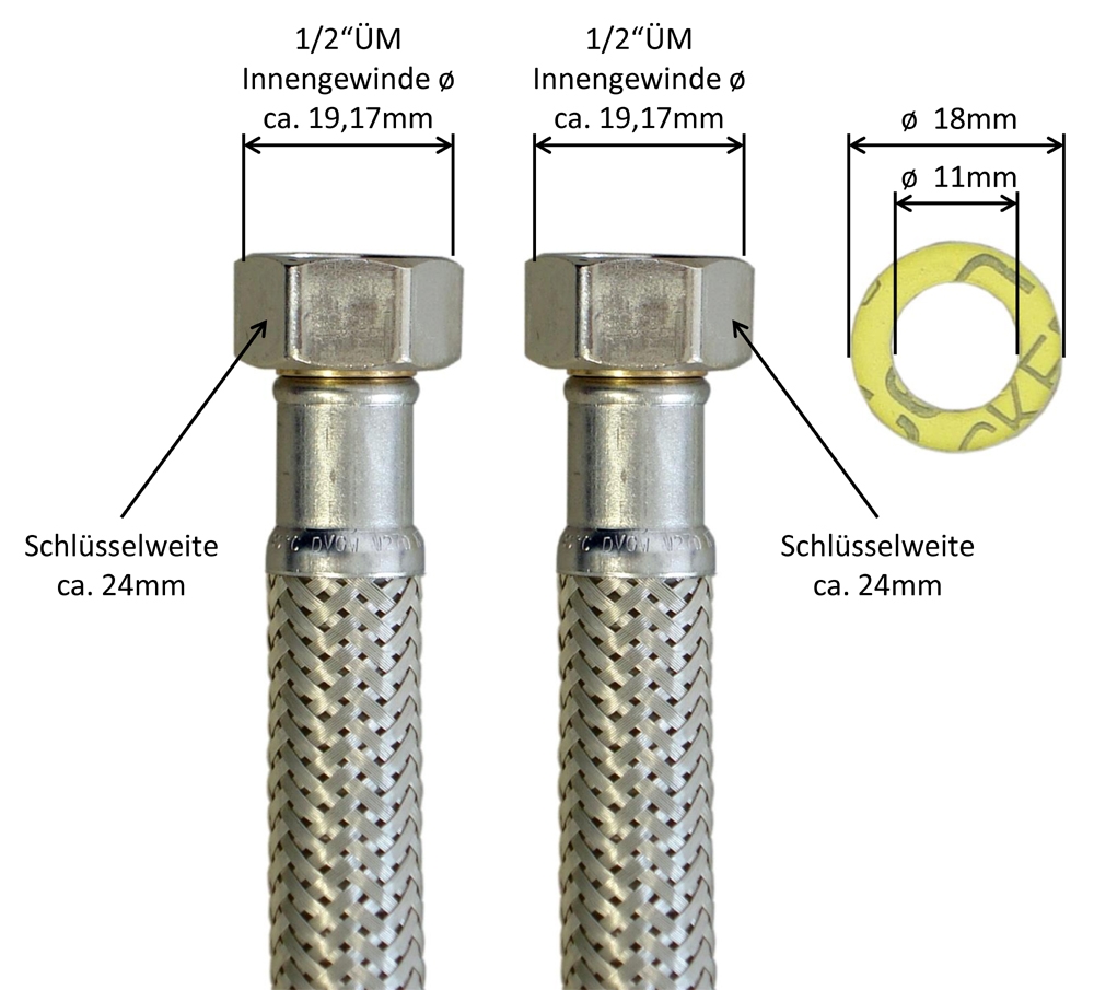 Panzerschlauch DN13 für Trinkwasser DVGW, VA Geflecht, 1/2"ÜM x 1/2"ÜM, -15 - 70°C, PN10, 300mm – Bild 3