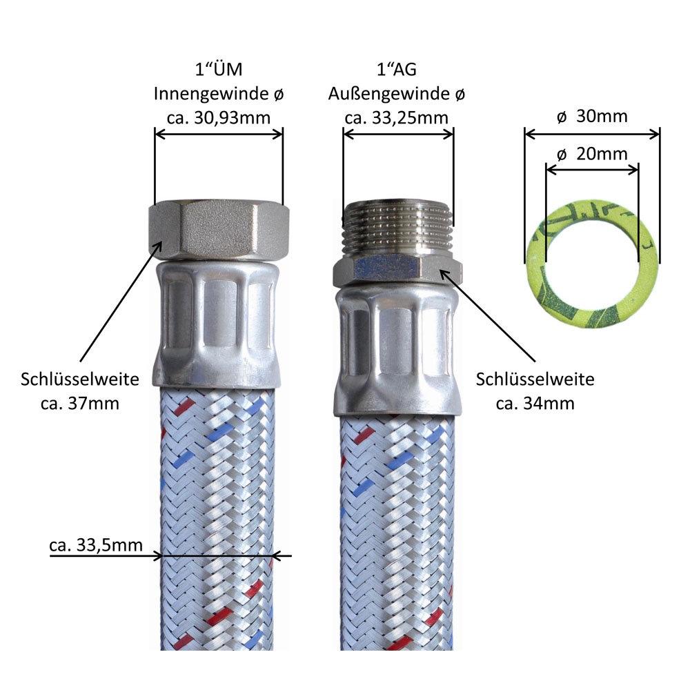 Panzerschlauch DN25, Geflecht verzinkt, Inliner EPDM, PN10, 1"ÜM x 1"AG, -20 bis 90°C, 1100mm – Bild 3