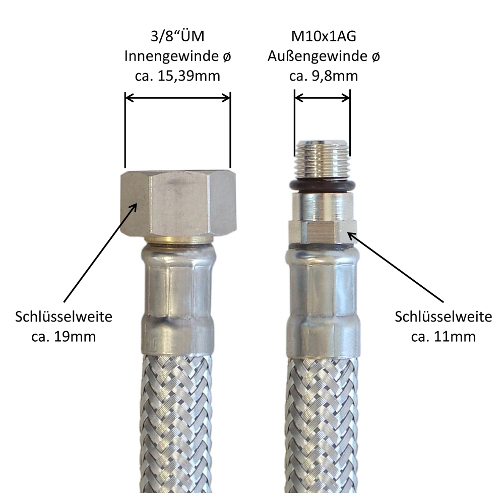 Panzerschlauch 3/8"ÜM x M10x1 AG kurz, Flexschlauch DN8 für Sanitär mit Trinkwasserzulassung – Bild 3