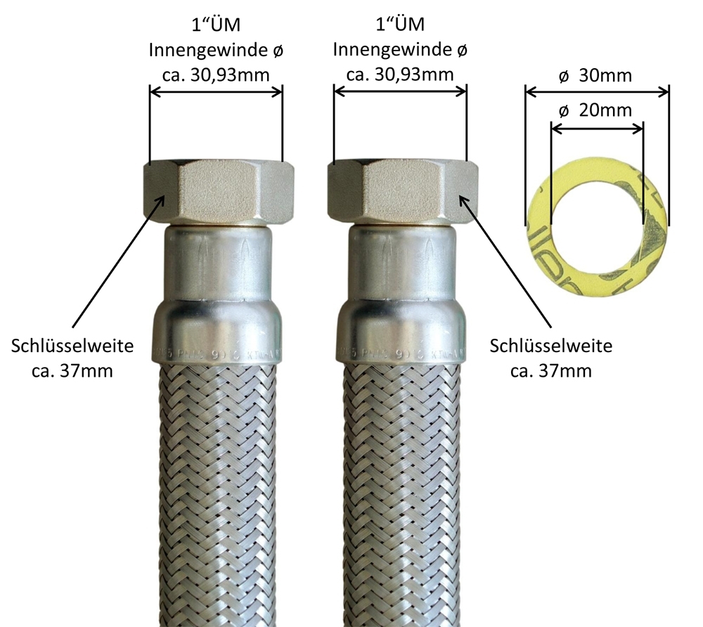 DN25 Panzerschlauch 1"ÜM x 1"ÜM für Trinkwasser, Geflecht VA, Seele HDPE, PN10, -15 bis 70°C – Bild 2