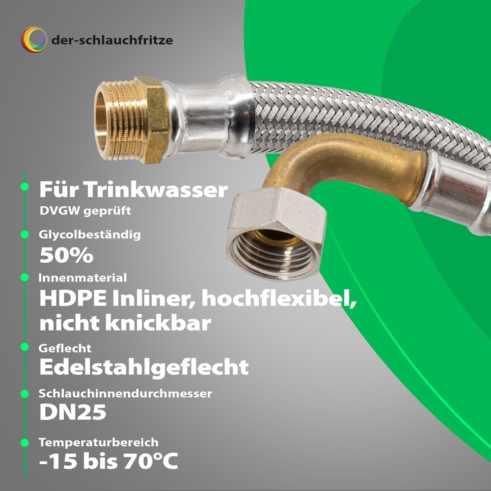 Flexschlauch 1"AG x 1"ÜM Bogen für Trinkwasser, DN25, Inliner HDPE, PN10, -15 bis 70°C, 1,5m – Bild 2