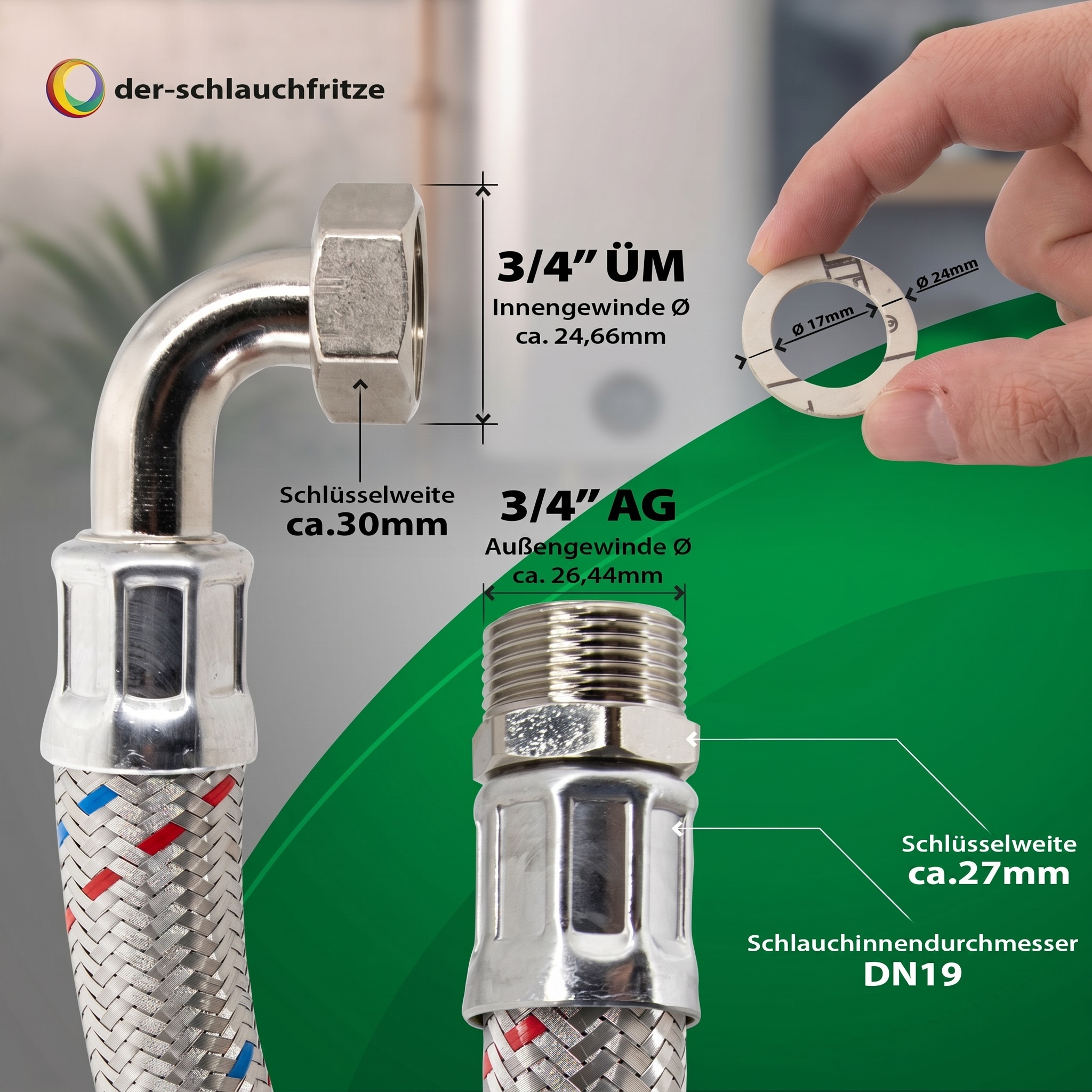 Flexschlauch 3/4"AG x 3/4"ÜM Bogen, DN19, Inliner EPDM, Geflecht verzinkt, PN10, -20 bis 90°C