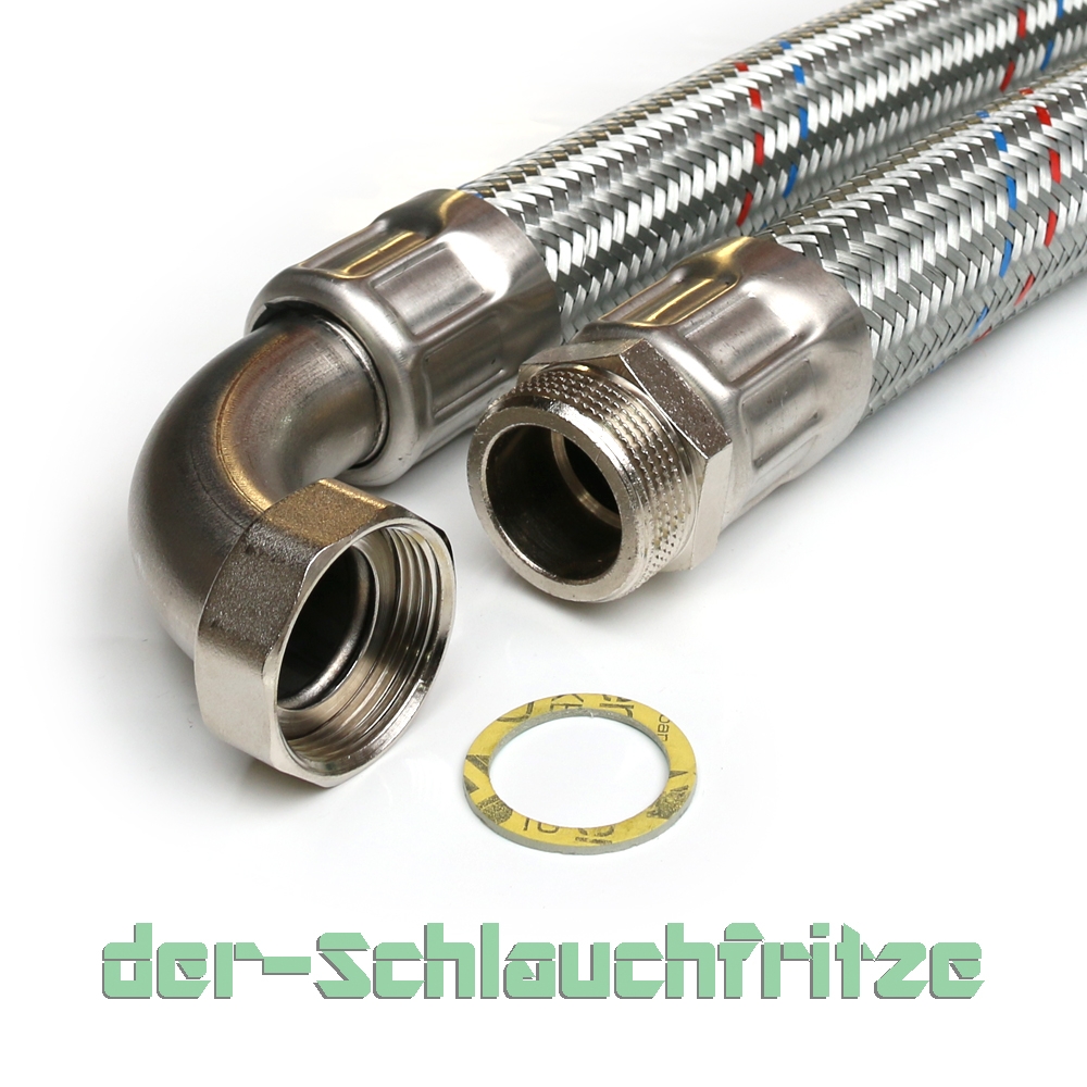 Panzerschlauch DN32, Geflecht verzinkt, 1 1/4"AG x 1 1/4"ÜM Bogen, PN6, Seele EPDM, bis 90°C