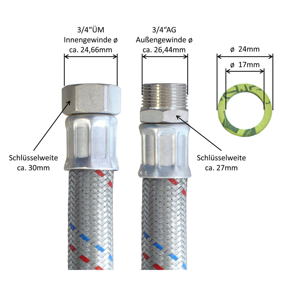 Flexschlauch 3/4"ÜM x 3/4"AG, DN19, Inliner EPDM, Geflecht verzinkt, PN10, -20 bis 90°C, 20cm – Bild 3