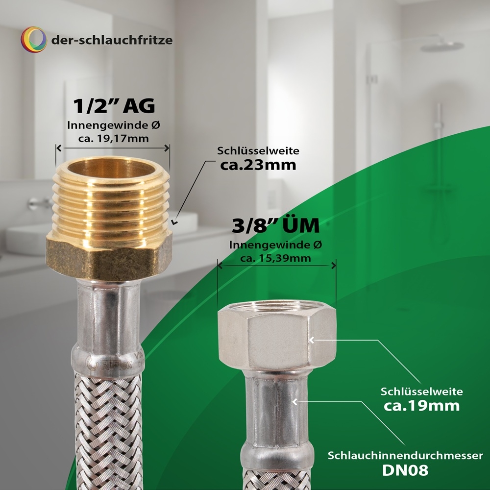 Flexschlauch 3/8"ÜM x 1/2"AG für Trinkwasser, DN08, Inliner HDPE, PN10, -15 bis 70°C, 70cm – Bild 3