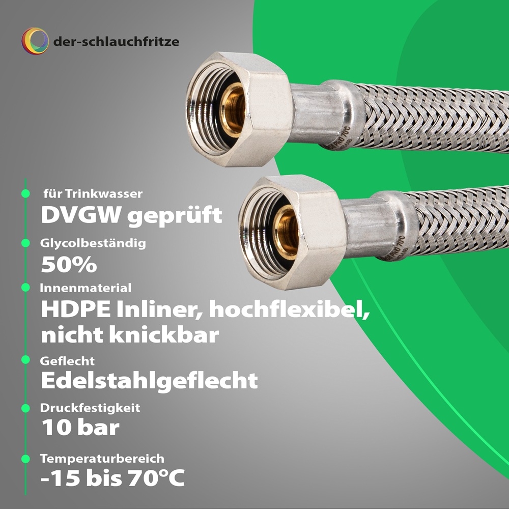 Flexschlauch 3/8"ÜM x 3/8"ÜM für Trinkwasser, DN08, Inliner HDPE, PN10, -15 bis 70°C, 2m – Bild 2