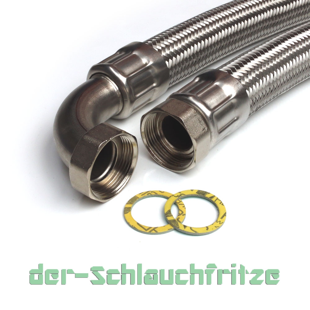 Panzerschlauch DN32 für Nutzwasser, VA Geflecht, 1 1/4"ÜM x 1 1/4"ÜM Bogen, PN10, -20 bis 90°C