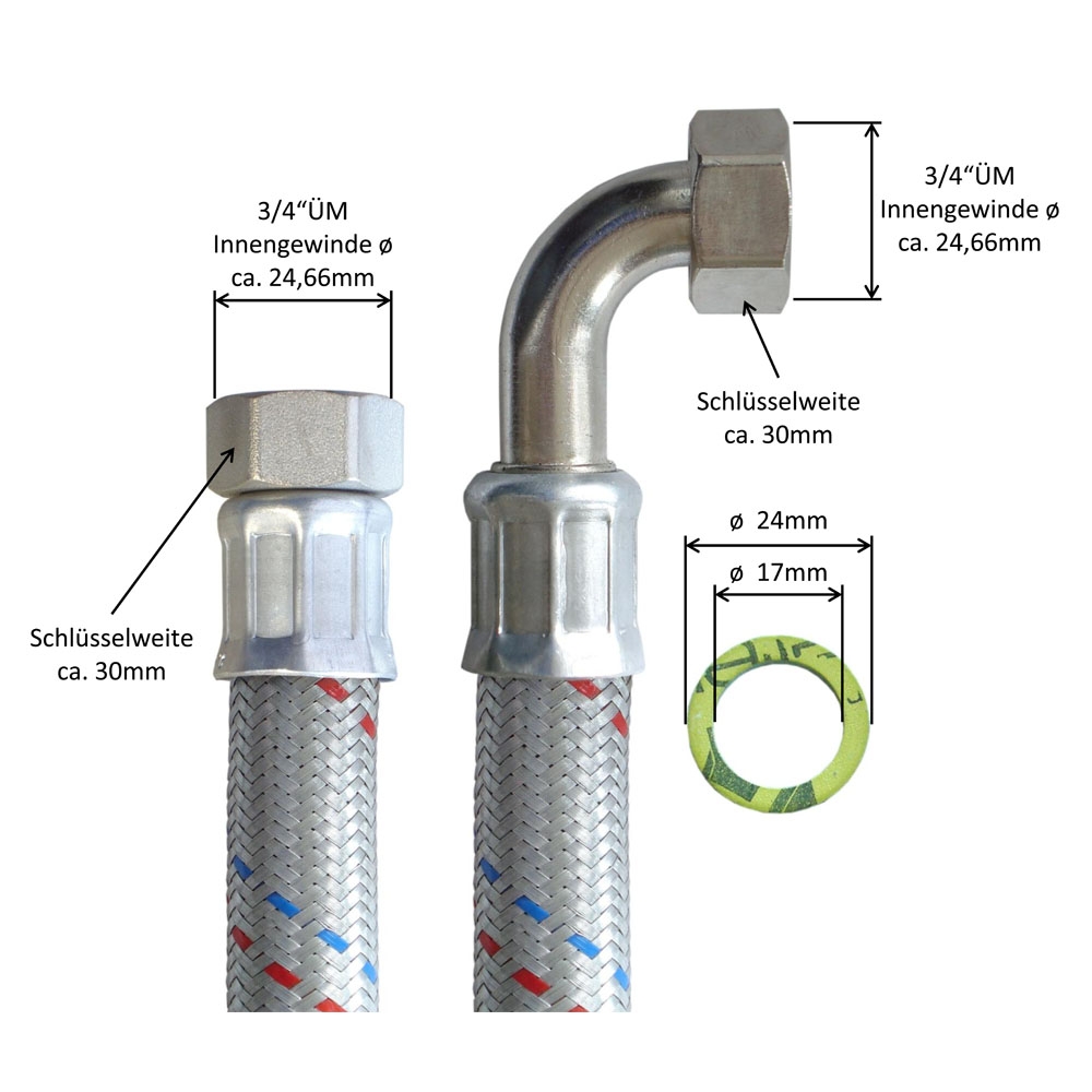 Flexschlauch 3/4"ÜM x 3/4"ÜM Bogen, DN19, Inliner EPDM, Geflecht verzinkt, PN10, -20 bis 90°C, 50cm – Bild 3